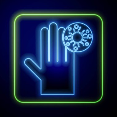 Mavi arka planda virüsün simgesi olan parlayan neon el. Corona virüsü 2019-nCoV. Bakteri ve mikroplar, hücre kanseri, mikrop, mantar. Vektör İllüstrasyonu