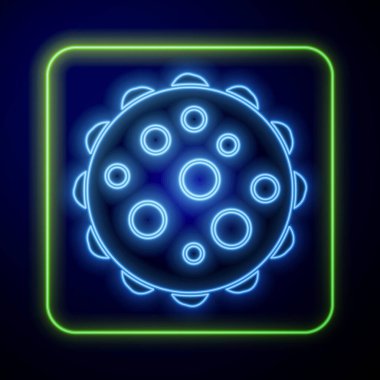 Parlayan neon virüs simgesi mavi arkaplanda izole edildi. Corona virüsü 2019-nCoV. Bakteri ve mikroplar, hücre kanseri, mikrop, mantar. Vektör İllüstrasyonu