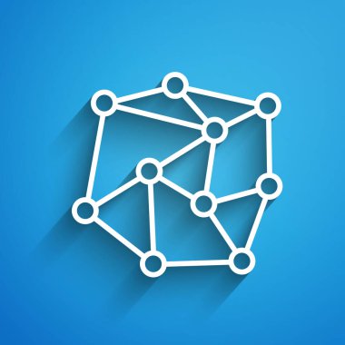 Beyaz çizgi sinirsel ağ simgesi mavi arkaplanda izole edildi. Yapay Zeka. Uzun gölge. Vektör İllüstrasyonu