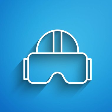 Beyaz çizgi Sanal gerçeklik gözlüğü simgesi mavi arkaplanda izole edildi. Stereoskopik 3D VR maskesi. Uzun gölge. Vektör İllüstrasyonu