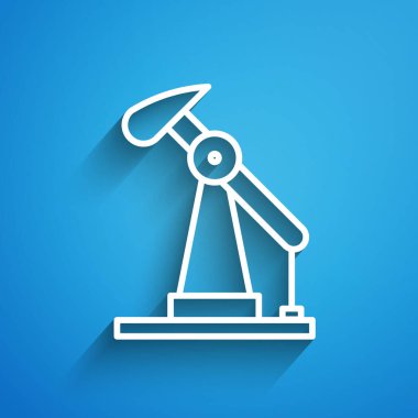 Beyaz çizgi yağ pompası veya pompa ikonu mavi arka planda izole. Petrol platformu. Uzun gölge. Vektör İllüstrasyonu