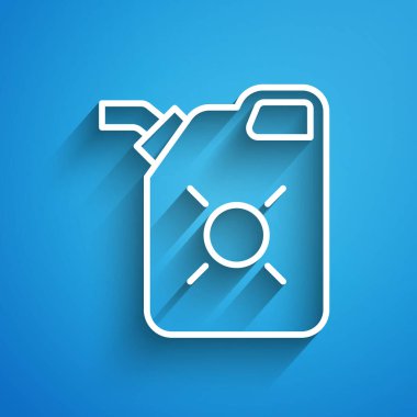 Motor makine yağı ikonu için beyaz çizgi kutusu mavi arkaplanda izole edildi. Benzin bidonu. Yağ değiştirme ve onarım servisi. Motor yağı işareti. Uzun gölge. Vektör İllüstrasyonu