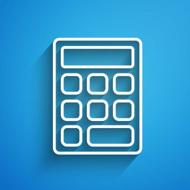 Mavi arkaplanda beyaz çizgi üçgen matematik ikonu izole edildi. Uzun gölge. Vektör İllüstrasyonu