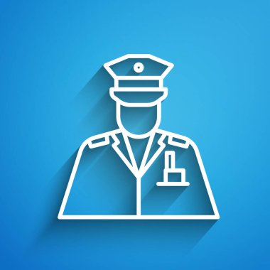 Beyaz çizgi polis memuru ikonu mavi arkaplanda izole edildi. Uzun gölge. Vektör İllüstrasyonu