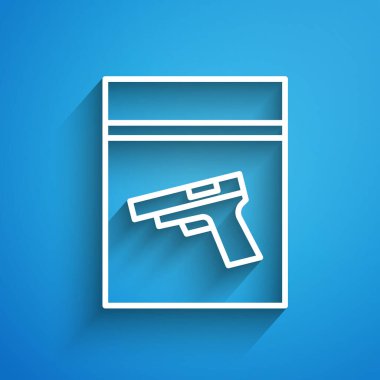 Beyaz çizgi kanıt torbası ve tabanca ya da silah ikonu mavi arka planda izole edilmiş. Uzun gölge. Vektör İllüstrasyonu
