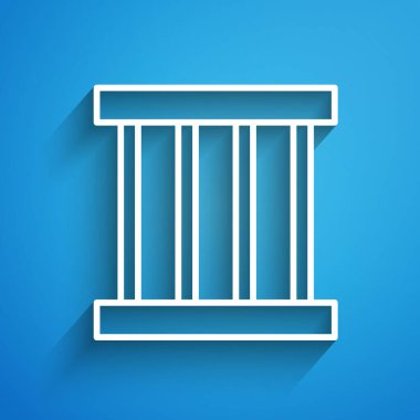 Beyaz çizgi Cezaevi pencere simgesi mavi arkaplanda izole edildi. Uzun gölge. Vektör İllüstrasyonu