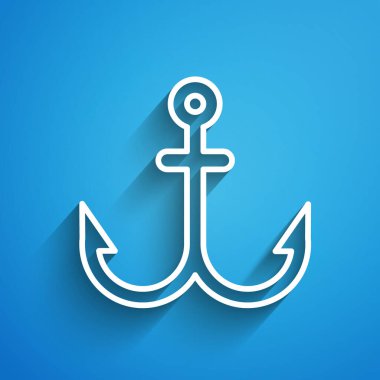Beyaz çizgi Anchor simgesi mavi arkaplanda izole edildi. Uzun gölge. Vektör İllüstrasyonu