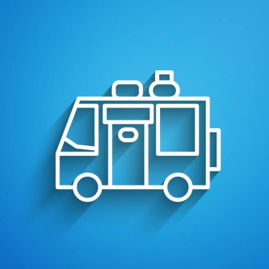 Mavi arka planda beyaz çizgi karavan kampı ikonu izole edildi. Gezici ev, karavan, yolculuk için ev karavanı. Uzun gölge. Vektör İllüstrasyonu