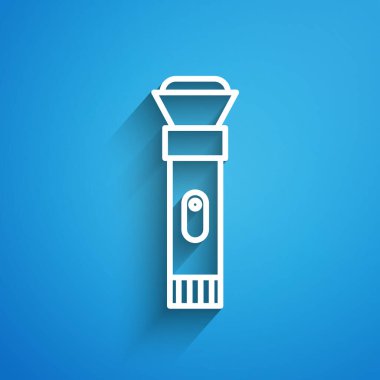 Beyaz çizgi el feneri simgesi mavi arkaplanda izole edildi. Uzun gölge. Vektör İllüstrasyonu