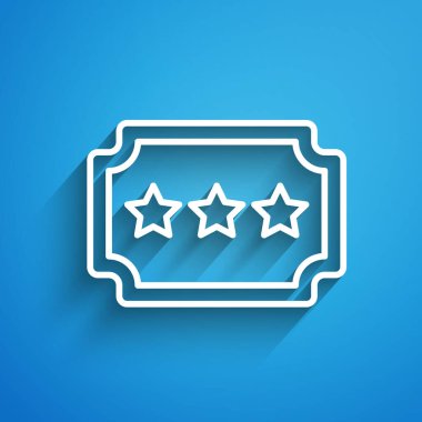 Beyaz çizgi bilet simgesi mavi arkaplanda izole edildi. Eğlence parkı. Uzun gölge. Vektör İllüstrasyonu