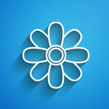 Mavi arkaplanda beyaz çizgi çiçek simgesi izole edildi. 8 Mart. Uluslararası Mutlu Kadınlar Günü. Uzun gölge. Vektör İllüstrasyonu