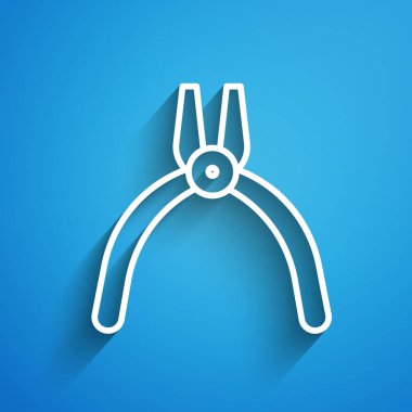 Beyaz çizgi pense araç simgesi mavi arkaplanda izole edildi. Pense endüstriyel mekanik su tesisatında çalışıyor. Uzun gölge. Vektör İllüstrasyonu