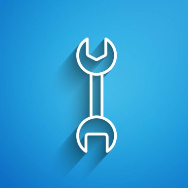 Mavi arkaplanda beyaz çizgi anahtarı simgesi izole edildi. Uzun gölge. Vektör İllüstrasyonu