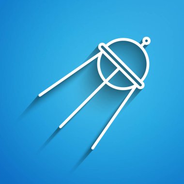 Mavi arkaplanda beyaz çizgi uydu simgesi izole edildi. Uzun gölge. Vektör İllüstrasyonu