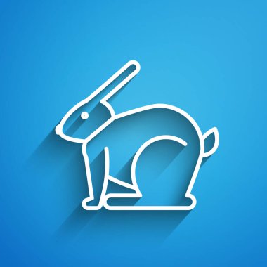 Beyaz çizgili Paskalya Tavşanı ikonu mavi arka planda izole edilmiş. Paskalya Tavşanı. Uzun gölge. Vektör İllüstrasyonu