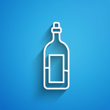 Beyaz çizgi şarap şişesi mavi arka planda izole edilmiş. Uzun gölge. Vektör İllüstrasyonu