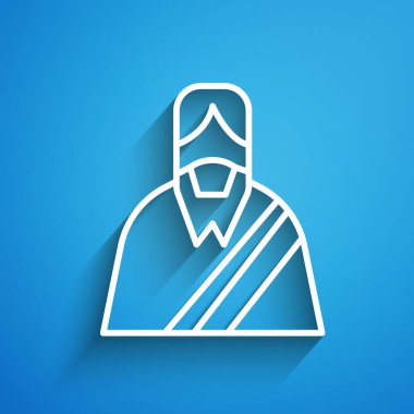 Beyaz çizgi İsa ikonu mavi arka planda izole edildi. Uzun gölge. Vektör İllüstrasyonu