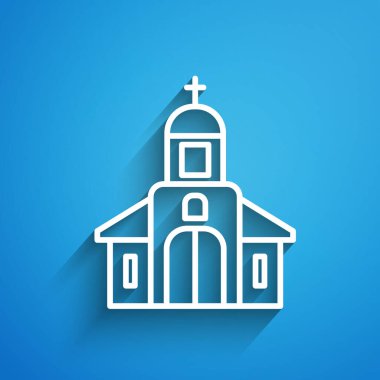 Mavi arka planda beyaz çizgi kilise ikonu var. Hıristiyan Kilisesi. Kilisenin dini. Uzun gölge. Vektör İllüstrasyonu