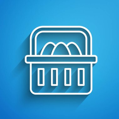 Mavi arka planda paskalya yumurtası simgesi olan beyaz çizgi Basket. Mutlu Paskalyalar. Uzun gölge. Vektör İllüstrasyonu