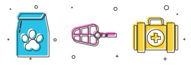 Evcil hayvan için yiyecek çantası, köpek ağızlığı ve evcil hayvan ilk yardım çantası ikonu. Vektör