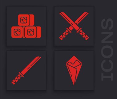 Temaki Roll, Sushi, Geleneksel Japon katanası ve Geleneksel Japon katana simgesini ayarlayın. Vektör