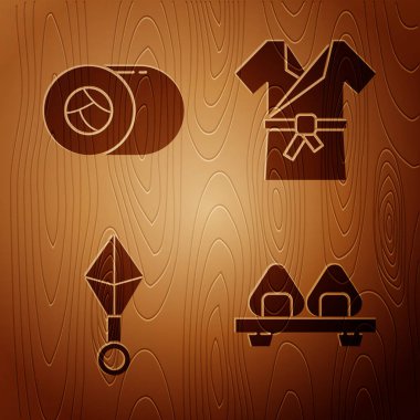 Kesme tahtasında suşi, suşi, Japon ninja shuriken ve ahşap arka planda Japon kostümlü Kimono. Vektör