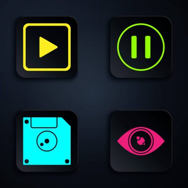 Göz 'ü Ayarla, Kare Çal, Bilgisayar veri depolama için Disket ve Duraklat düğmesi. Siyah kare düğme. Vektör