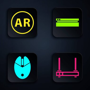 Router ve Wi-Fi sinyallerini ayarla, Ar, artırılmış gerçeklik, Bilgisayar fare oyunu ve oyun konsolu. Siyah kare düğme. Vektör