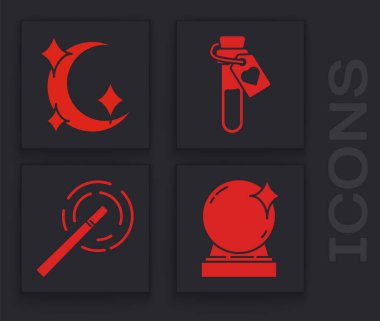 Sihirli top, ay ve yıldızlar, aşk iksiri ve sihirli değnek ikonu. Vektör