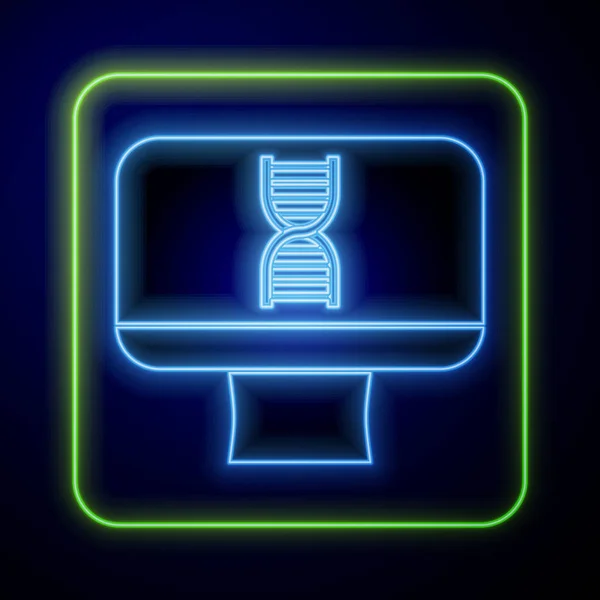 파란색 배경에 Dna 스파이럴 컴퓨터 모니터 아이콘 분리되어 있습니다 사기적 — 스톡 벡터