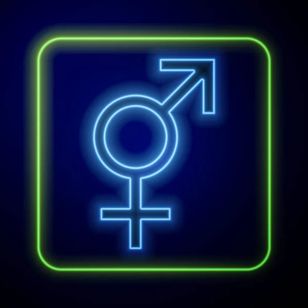Glowing Neon Gender Icon Isolated Blue Background Symbols Men Women — Stock Vector