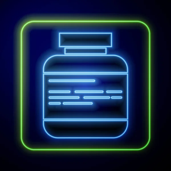Bottiglia Luminosa Neon Medicina Pillole Icona Isolata Sfondo Blu Pacchetto — Vettoriale Stock