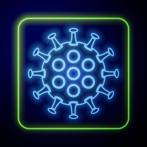Parlayan neon virüs simgesi mavi arkaplanda izole edildi. Corona virüsü 2019-nCoV. Bakteri ve mikroplar, hücre kanseri, mikrop, mantar. Vektör İllüstrasyonu