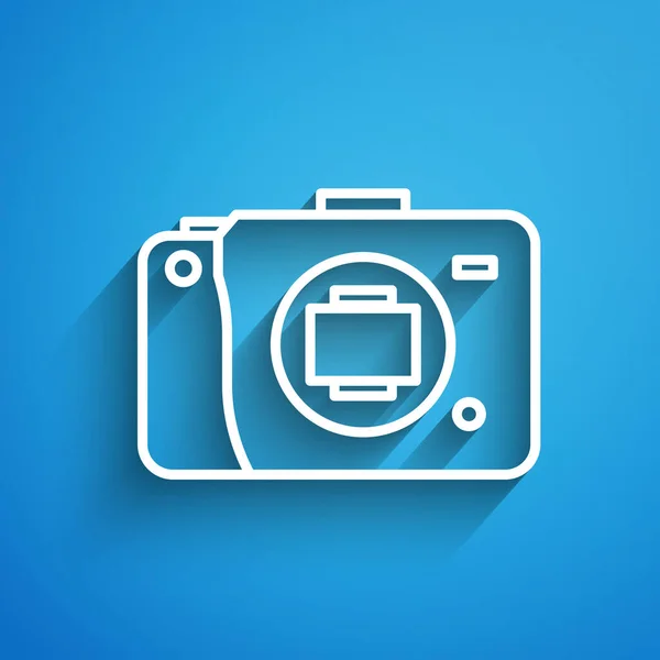 White Line Mirrorless Camera Icon Isolated Blue Background Foto Camera — Stock Vector