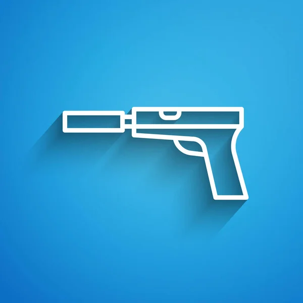White Line Pistol Gun Silencer Icon Isolated Blue Background Long — Stock Vector