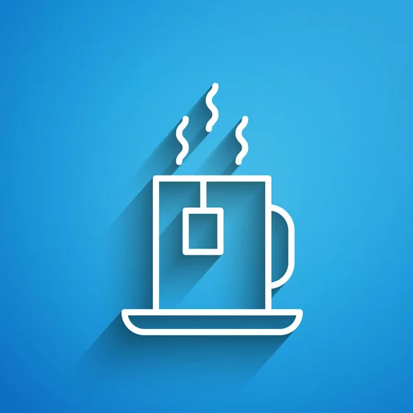 Λευκή Γραμμή Κύπελλο Του Τσαγιού Εικονίδιο Τσάντα Τσάι Απομονώνονται Μπλε — Διανυσματικό Αρχείο