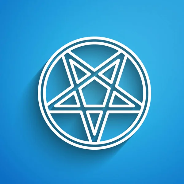 Witte Lijn Pentagram Een Cirkel Pictogram Geïsoleerd Blauwe Achtergrond Magisch — Stockvector