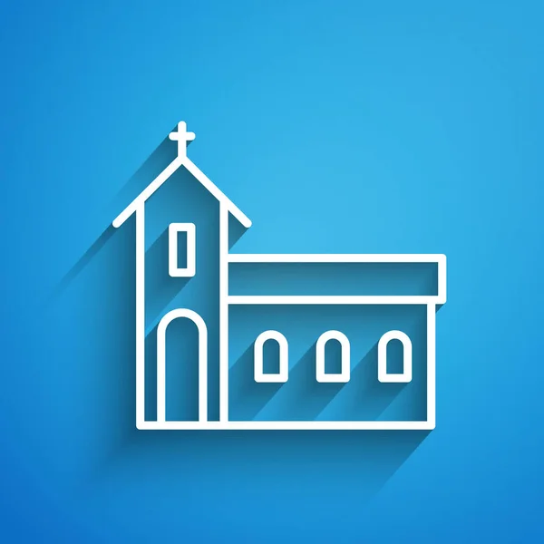 Ícone Construção Igreja Linha Branca Isolado Fundo Azul Igreja Cristã — Vetor de Stock