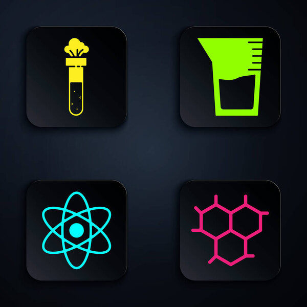 Set Chemical formula, Test tube and flask chemical, Atom and Laboratory glassware or beaker. Black square button. Vector