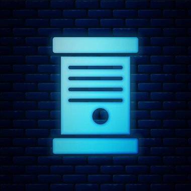 Parlayan neon kararname, kağıt, parşömen, parşömen ikonu tuğla duvar arka planında izole edilmiş. Vektör İllüstrasyonu