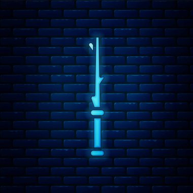 Parlayan neon Magic değnek simgesi tuğla duvar arka plan izole. Yıldız şekli sihirli aksesuar. Sihirli güç. Vektör İllüstrasyonu