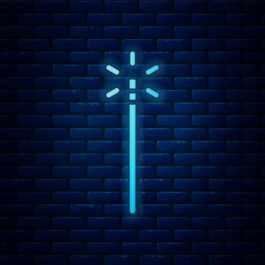 Parlayan neon Magic değnek simgesi tuğla duvar arka plan izole. Yıldız şekli sihirli aksesuar. Sihirli güç. Vektör İllüstrasyonu