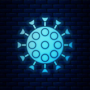 Parlayan neon virüs simgesi tuğla duvar arka planında izole edildi. Corona virüsü 2019-nCoV. Bakteri ve mikroplar, hücre kanseri, mikrop, mantar. Vektör İllüstrasyonu