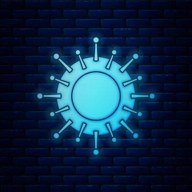 Parlayan neon virüs simgesi tuğla duvar arka planında izole edildi. Corona virüsü 2019-nCoV. Bakteri ve mikroplar, hücre kanseri, mikrop, mantar. Vektör İllüstrasyonu