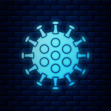Parlayan neon virüs simgesi tuğla duvar arka planında izole edildi. Corona virüsü 2019-nCoV. Bakteri ve mikroplar, hücre kanseri, mikrop, mantar. Vektör İllüstrasyonu