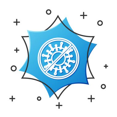 Beyaz çizgi Stop virüs simgesi beyaz arkaplanda izole edildi. Corona virüsü 2019-nCoV. Bakteri ve mikroplar, hücre kanseri, mikrop, mantar. Mavi altıgen düğmesi. Vektör İllüstrasyonu