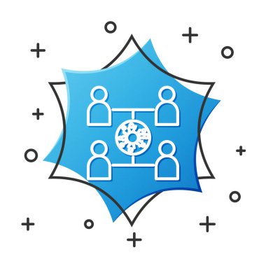 Beyaz çizgi virüsü beyaz arka planda izole edilmiş bir ikon yaydı. Coronavirus enfeksiyon bilgi grafikleri. Mavi altıgen düğmesi. Vektör İllüstrasyonu