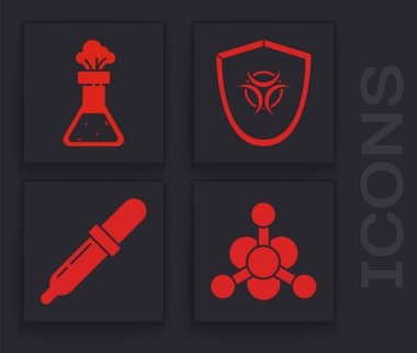 Bakteri, deney tüpü ve matara kimyasalı kalkan ve Pipette ikonuna biyolojik tehlike sembolü koyun. Vektör