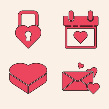 Zarfı kalple, Castle 'ı kalp şeklinde, takvimi kalp şeklinde ve Candy' yi kalp şeklinde bir ikon şeklinde ayarla. Vektör