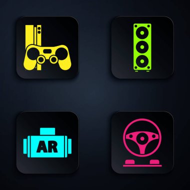 Yarış simülatörü kokpitini, oyun konsolunu joystick, artırılmış gerçeklik ve Stereo hoparlörüyle ayarla. Siyah kare düğme. Vektör